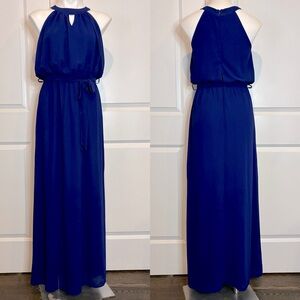 Ya Los Angeles Cobalt Royal Blue Keyhole Halter Tie Waist Maxi Dress Slit S